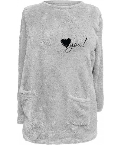 Women’s Sherpa Fleece Shirts Long Sleeve Heart Print Cozy Warm Tops Round Neck Loose Casual Winter Sweatshirts 3 Gray $9.51 H...