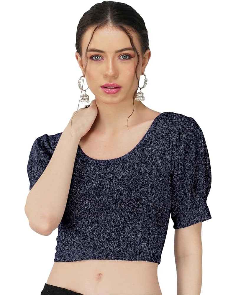 Cotton Lycra Stretchable Elbow Sleeve Readymade Saree Blouse for Women Stylish Navy $10.25 Tops