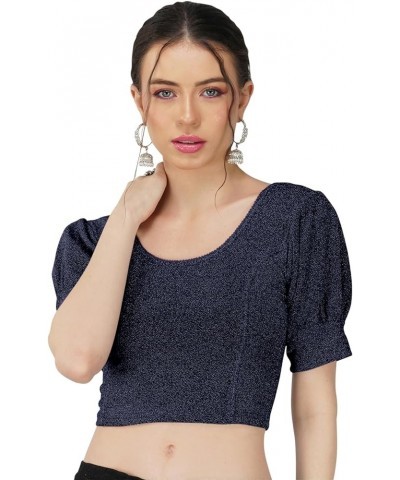 Cotton Lycra Stretchable Elbow Sleeve Readymade Saree Blouse for Women Stylish Navy $10.25 Tops