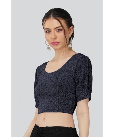 Cotton Lycra Stretchable Elbow Sleeve Readymade Saree Blouse for Women Stylish Navy $10.25 Tops