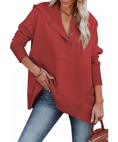 Womens Casual Tunic Button Down V Neck Hoodies Oversized Pullover Sweatshirts Hooded Tops with Pockets A Red $14.08 Hoodies &...