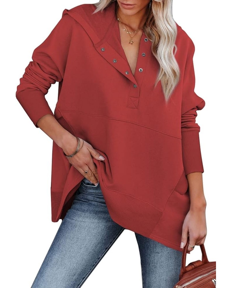 Womens Casual Tunic Button Down V Neck Hoodies Oversized Pullover Sweatshirts Hooded Tops with Pockets A Red $14.08 Hoodies &...