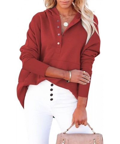 Womens Casual Tunic Button Down V Neck Hoodies Oversized Pullover Sweatshirts Hooded Tops with Pockets A Red $14.08 Hoodies &...