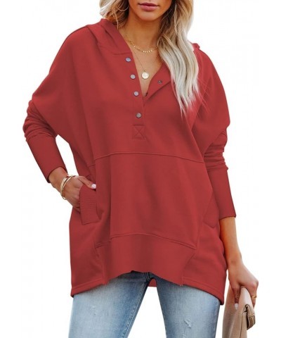 Womens Casual Tunic Button Down V Neck Hoodies Oversized Pullover Sweatshirts Hooded Tops with Pockets A Red $14.08 Hoodies &...