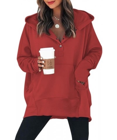 Womens Casual Tunic Button Down V Neck Hoodies Oversized Pullover Sweatshirts Hooded Tops with Pockets A Red $14.08 Hoodies &...