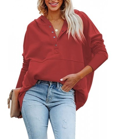 Womens Casual Tunic Button Down V Neck Hoodies Oversized Pullover Sweatshirts Hooded Tops with Pockets A Red $14.08 Hoodies &...