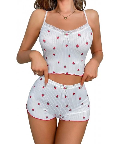 Women's Pajama Set Strawberry Print Lace Trim Cami Top and Shorts Lounge Sets Sleepwear White Strawberry $15.39 Sleep & Lounge