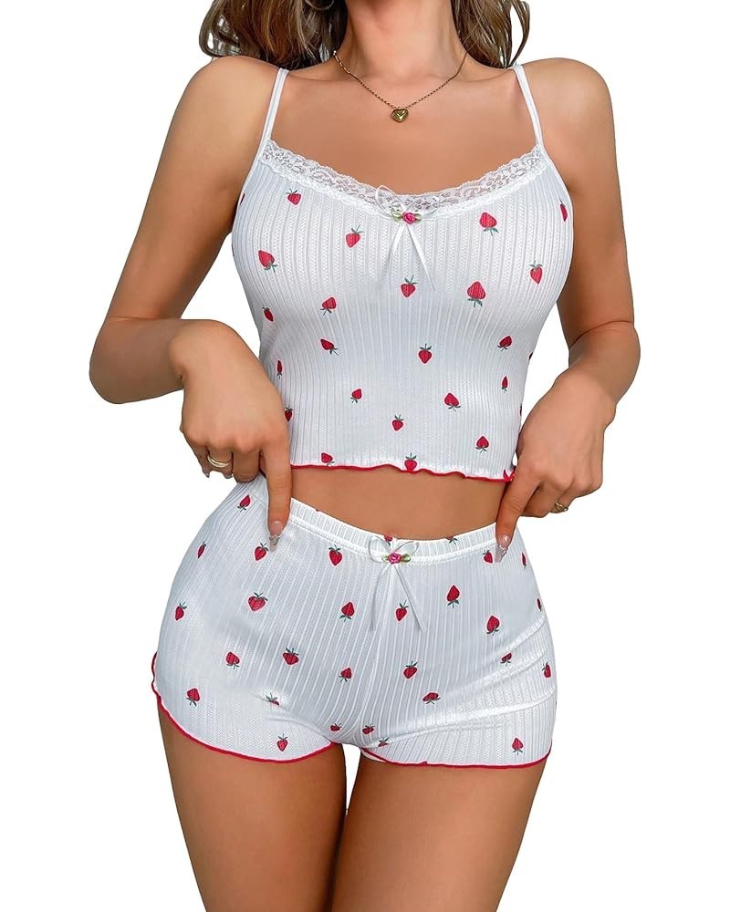 Women's Pajama Set Strawberry Print Lace Trim Cami Top and Shorts Lounge Sets Sleepwear White Strawberry $15.39 Sleep & Lounge