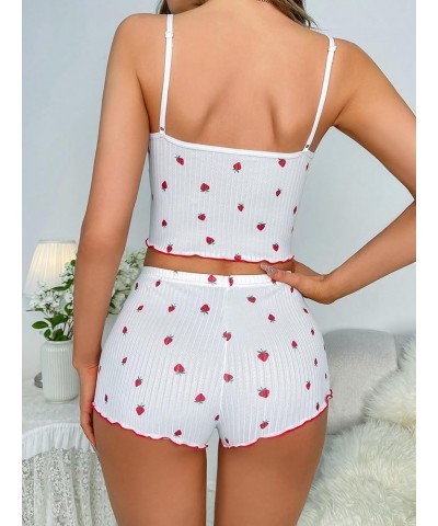 Women's Pajama Set Strawberry Print Lace Trim Cami Top and Shorts Lounge Sets Sleepwear White Strawberry $15.39 Sleep & Lounge