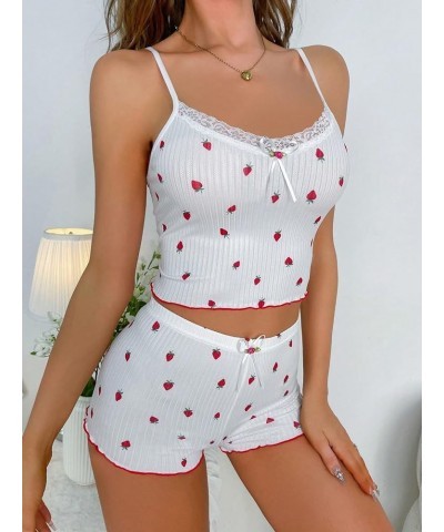 Women's Pajama Set Strawberry Print Lace Trim Cami Top and Shorts Lounge Sets Sleepwear White Strawberry $15.39 Sleep & Lounge