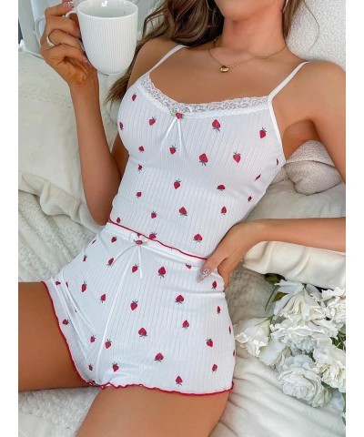 Women's Pajama Set Strawberry Print Lace Trim Cami Top and Shorts Lounge Sets Sleepwear White Strawberry $15.39 Sleep & Lounge