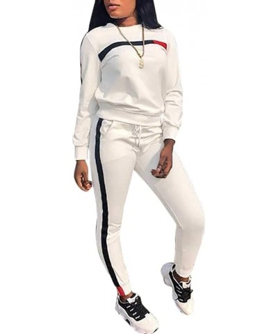 Women Stripe Patchwork Two Piece Sweatsuit Round Neck Pullover and Skinny Long Pants Sets B-white $19.59 Activewear