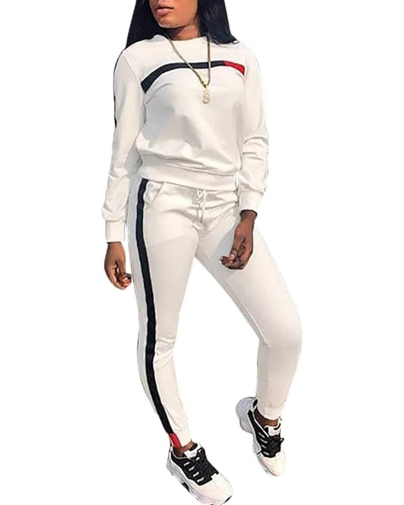 Women Stripe Patchwork Two Piece Sweatsuit Round Neck Pullover and Skinny Long Pants Sets B-white $19.59 Activewear