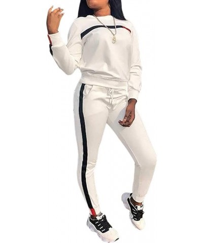 Women Stripe Patchwork Two Piece Sweatsuit Round Neck Pullover and Skinny Long Pants Sets B-white $19.59 Activewear