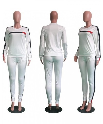 Women Stripe Patchwork Two Piece Sweatsuit Round Neck Pullover and Skinny Long Pants Sets B-white $19.59 Activewear