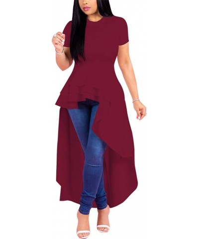 Women's Fashion High Low Asymmetrical Ruffled Top Short Sleeve Off Shoulder Bodycon Tunic Shirt Dress 9033-red Wine $14.18 Dr...