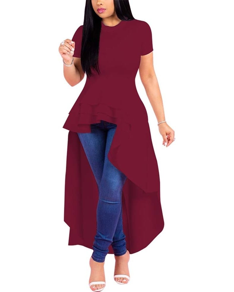 Women's Fashion High Low Asymmetrical Ruffled Top Short Sleeve Off Shoulder Bodycon Tunic Shirt Dress 9033-red Wine $14.18 Dr...