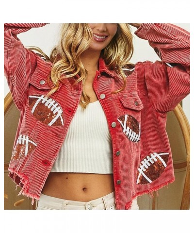 Women’s Cropped Corduroy Jacket Vintage Distressed Football Sequin Patched Shacket Jacket Coat Red $19.80 Jackets