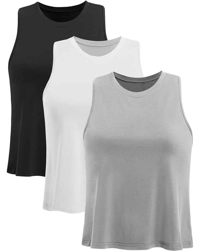 Crop Tops for Women Workout Athletic Tank Tops Flowy Cropped Tank Tops Yoga Sleeveless Muscle Shirts 3 Pack Black/Gray/White ...