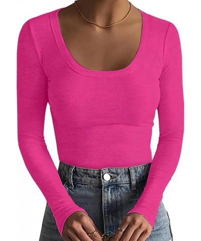 Womens Scoop Neck Ribbed Casual T Shirt Long Sleeve Stretch Slim Fitted Basic Shirts Hotpink $14.99 T-Shirts