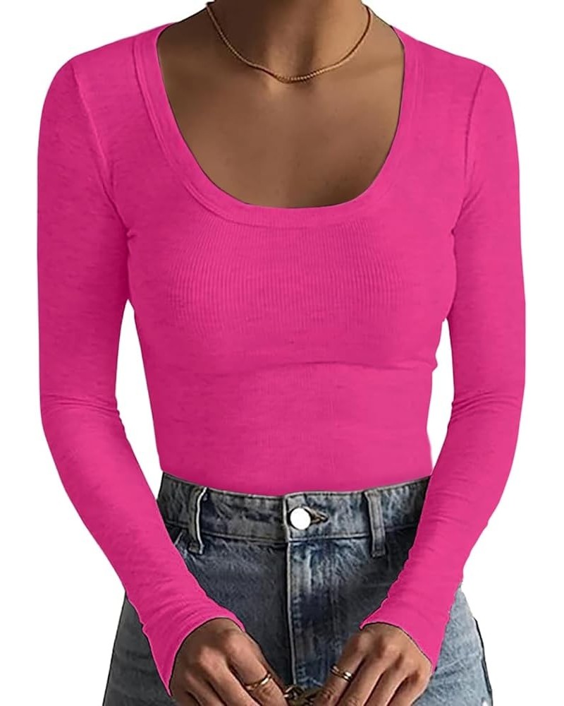 Womens Scoop Neck Ribbed Casual T Shirt Long Sleeve Stretch Slim Fitted Basic Shirts Hotpink $14.99 T-Shirts