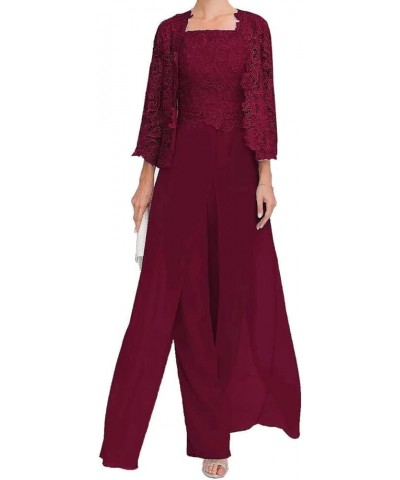 Pantsuit Mother of The Bride Dress for Women Formal 3 Pieces Outfit Jumpsuit with Lace Jacket MK07 Burgundy $44.81 Suits