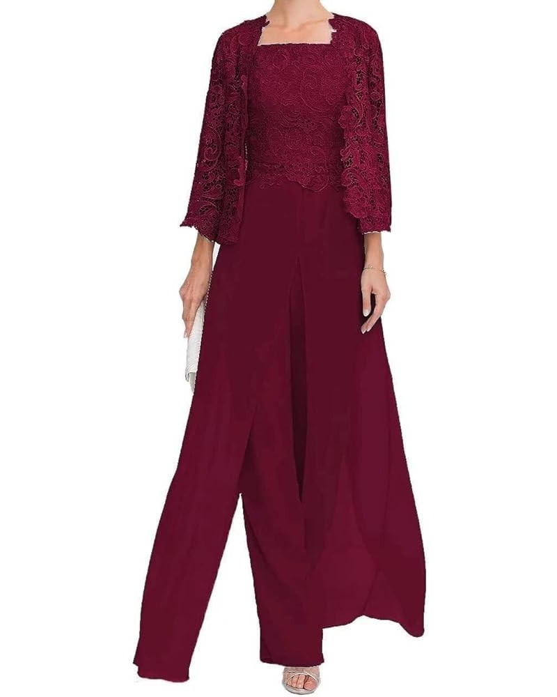 Pantsuit Mother of The Bride Dress for Women Formal 3 Pieces Outfit Jumpsuit with Lace Jacket MK07 Burgundy $44.81 Suits