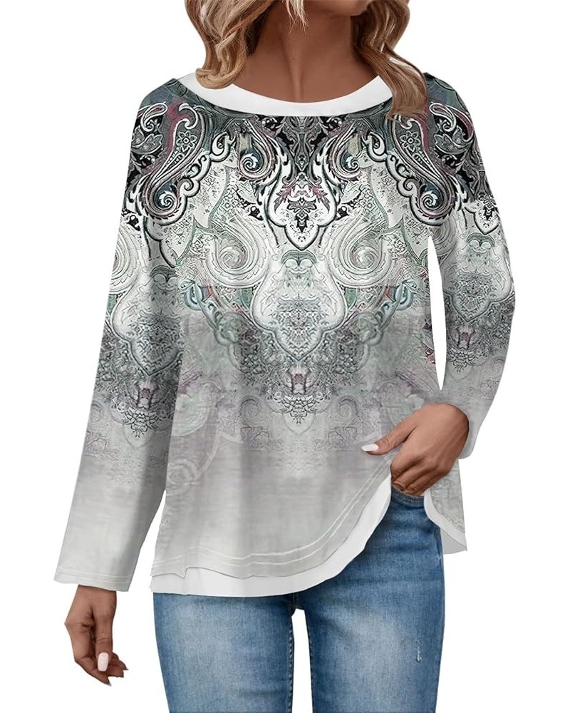 Womens Long Sleeve Tops Fall Ethnic Floral Double Layers Long Sleeve Shirt Crewneck Blouses Winter Graphic Sweatshirts X16-wh...