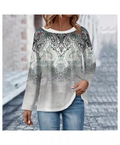 Womens Long Sleeve Tops Fall Ethnic Floral Double Layers Long Sleeve Shirt Crewneck Blouses Winter Graphic Sweatshirts X16-wh...