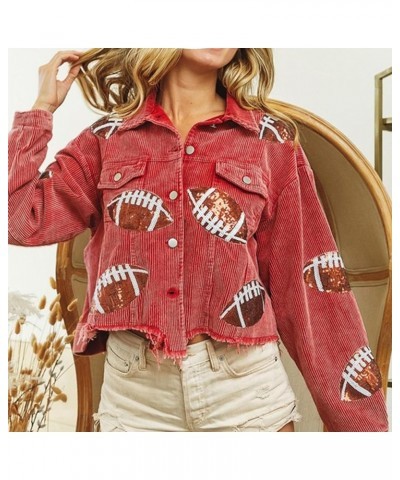 Women’s Cropped Corduroy Jacket Vintage Distressed Football Sequin Patched Shacket Jacket Coat Red $19.80 Jackets