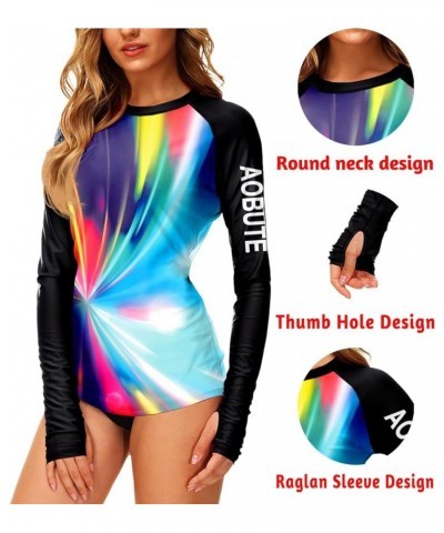 Women Rash Guard UPF 50+ UV Swim Shirt with Thumb Hole Multicolor - Black $16.49 Swimsuits