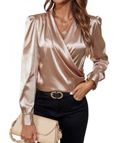 Dress Shirts for Women Solid Neck Puff Sleeve Satin Blouse Shirts and Tops Champagne $20.33 Blouses