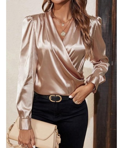 Dress Shirts for Women Solid Neck Puff Sleeve Satin Blouse Shirts and Tops Champagne $20.33 Blouses