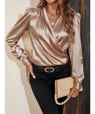 Dress Shirts for Women Solid Neck Puff Sleeve Satin Blouse Shirts and Tops Champagne $20.33 Blouses