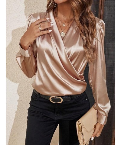 Dress Shirts for Women Solid Neck Puff Sleeve Satin Blouse Shirts and Tops Champagne $20.33 Blouses