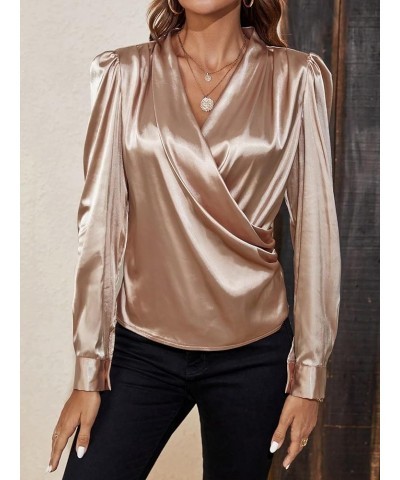 Dress Shirts for Women Solid Neck Puff Sleeve Satin Blouse Shirts and Tops Champagne $20.33 Blouses