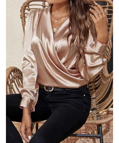 Dress Shirts for Women Solid Neck Puff Sleeve Satin Blouse Shirts and Tops Champagne $20.33 Blouses