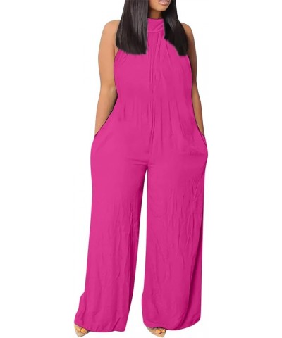 Wide Leg Overalls for Women Casual Halter Neck Sleeveless Lounge Romper Solid Summer Trendy Jumpsuits with Pocket 4 Hot Pink ...