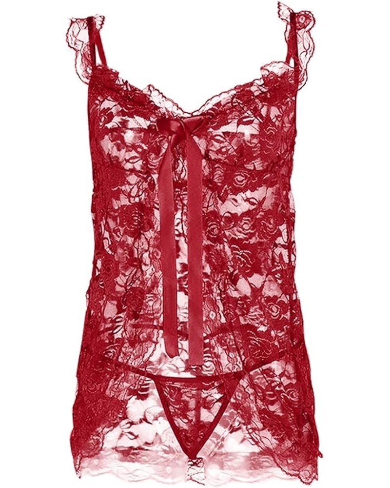 Bowknot Nightgown for Women Front Closure Ruffle Lace Lingerie Babydoll Flowy Chemise Nightdress with Thong Red $6.37 Sleep &...