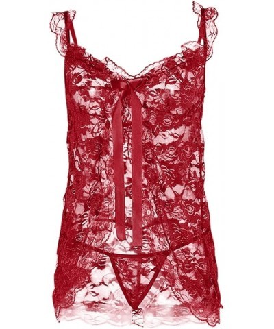 Bowknot Nightgown for Women Front Closure Ruffle Lace Lingerie Babydoll Flowy Chemise Nightdress with Thong Red $6.37 Sleep &...