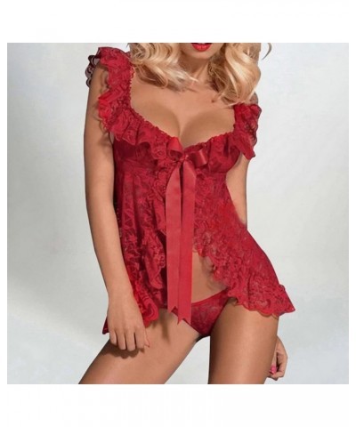 Bowknot Nightgown for Women Front Closure Ruffle Lace Lingerie Babydoll Flowy Chemise Nightdress with Thong Red $6.37 Sleep &...