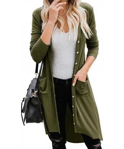 Women's Long Cardigans Button Down High Low Solid Knit Loose Cardigans with Pockets Olive $16.66 Sweaters