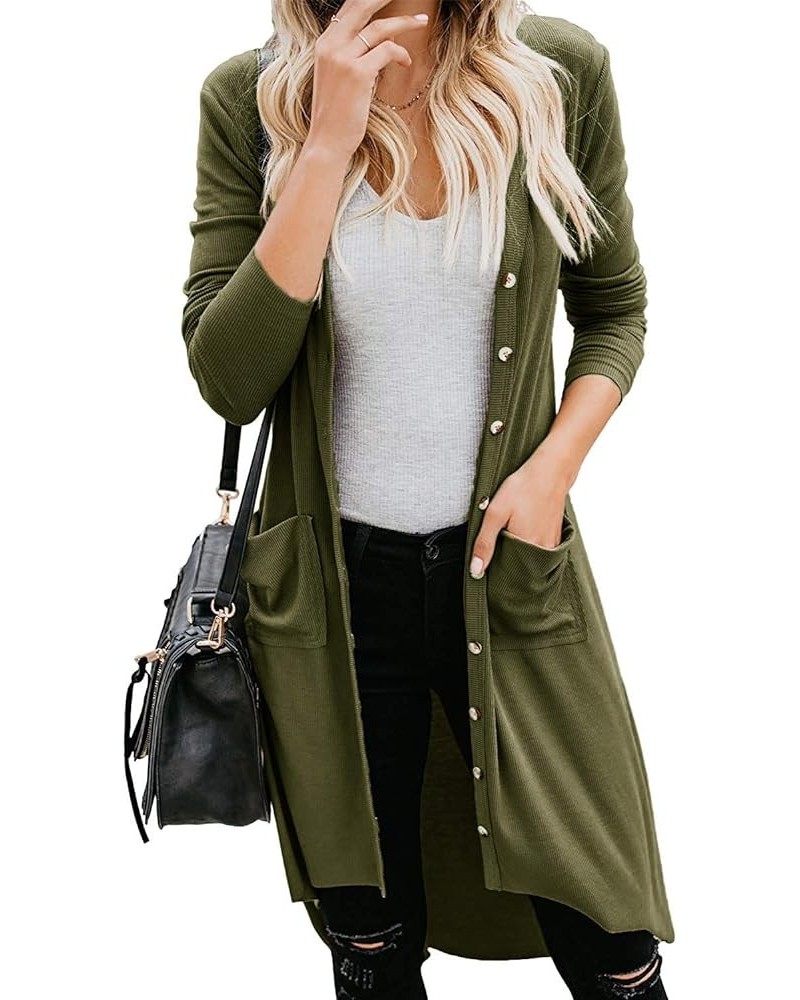 Women's Long Cardigans Button Down High Low Solid Knit Loose Cardigans with Pockets Olive $16.66 Sweaters