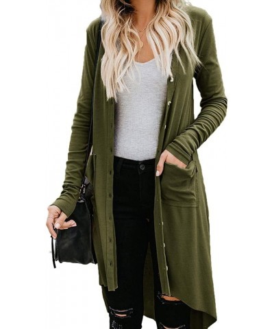 Women's Long Cardigans Button Down High Low Solid Knit Loose Cardigans with Pockets Olive $16.66 Sweaters