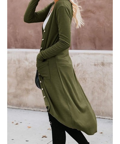 Women's Long Cardigans Button Down High Low Solid Knit Loose Cardigans with Pockets Olive $16.66 Sweaters