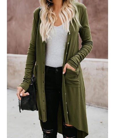 Women's Long Cardigans Button Down High Low Solid Knit Loose Cardigans with Pockets Olive $16.66 Sweaters