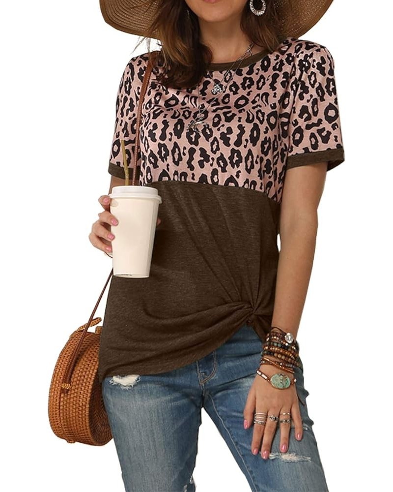 Womens Short/Long Sleeve Round Neck Leopard Color Block Side Twist Cute Blouse Tunic Top T Shirt Coffee2 $14.74 Tops