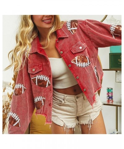 Women’s Cropped Corduroy Jacket Vintage Distressed Football Sequin Patched Shacket Jacket Coat Red $19.80 Jackets