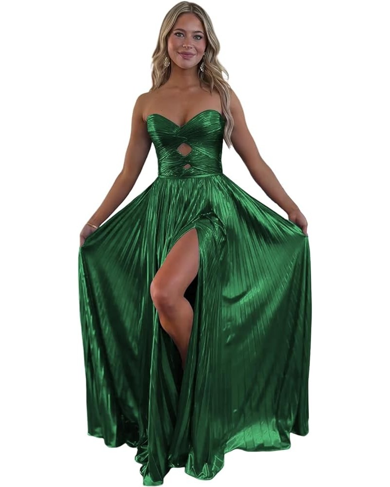 Sparkly Metallic Prom Dresses with Slit A Line Keyhole Satin Long Prom Ball Gowns for Women Emerald Green $26.00 Dresses