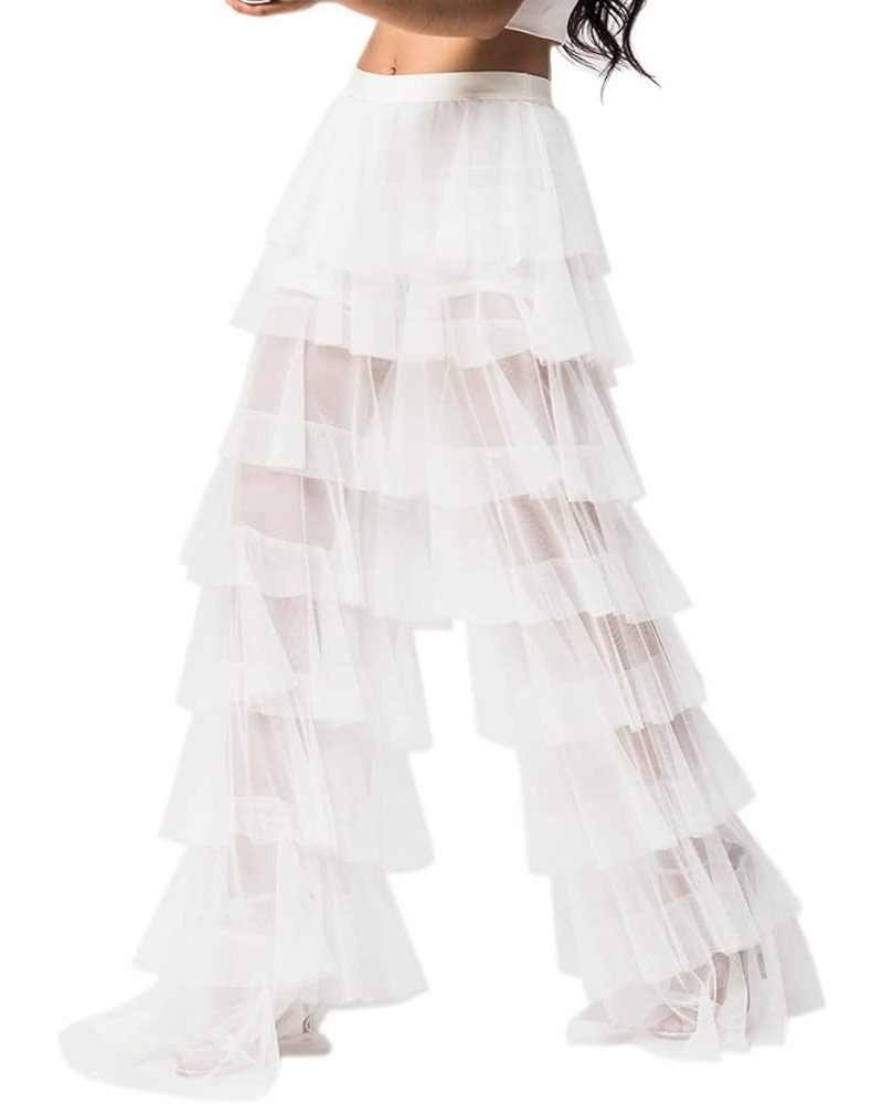 Women's Long Tiered Ruffled Tulle Pants Sheer Mesh Evening Party Layered Pants White $35.70 Pants